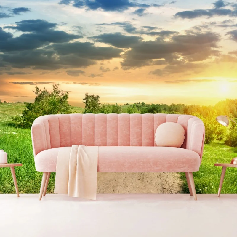 Fototapeta zachód słońca nad polną drogą w zielonej łące – Wallissimo®