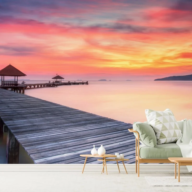 Fototapeta spokojny wschód słońca nad drewnianym molo – Wallissimo® Fototapeta spokojny wschód słońca nad drewnianym molo – Wallissimo®