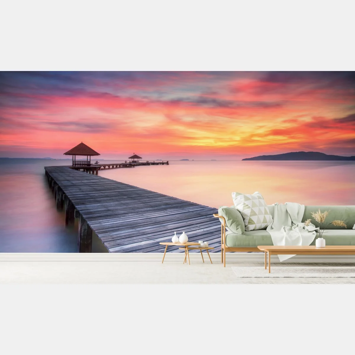 Fototapeta spokojny wschód słońca nad drewnianym molo – Wallissimo® Fototapeta spokojny wschód słońca nad drewnianym molo – Wallissimo®