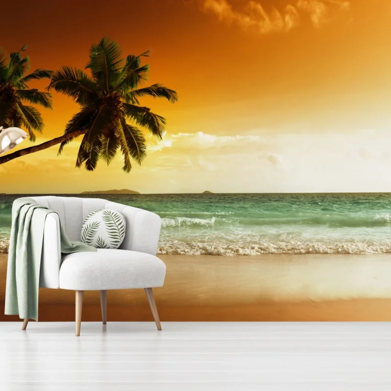 Fototapeta plaża przy zachodzie słońca na Karaibach z palmami – Wallissimo® Fototapeta plaża przy zachodzie słońca na Karaibach z palmami – Wallissimo®