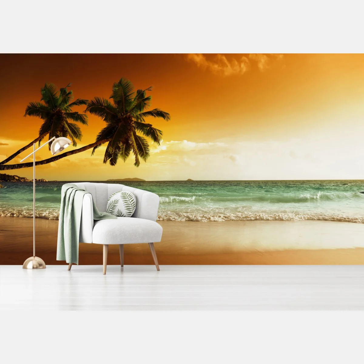 Fototapeta plaża przy zachodzie słońca na Karaibach z palmami – Wallissimo® Fototapeta plaża przy zachodzie słońca na Karaibach z palmami – Wallissimo®