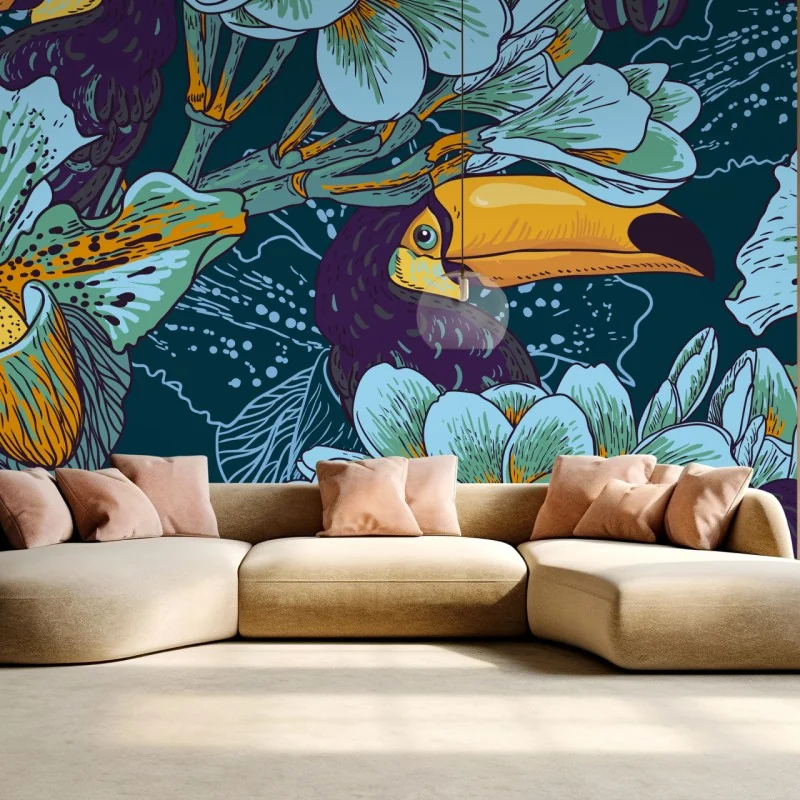 Fototapeta tropikalny wzór z tukaniami i kwiatami – Wallissimo® Fototapeta tropikalny wzór z tukaniami i kwiatami – Wallissimo®