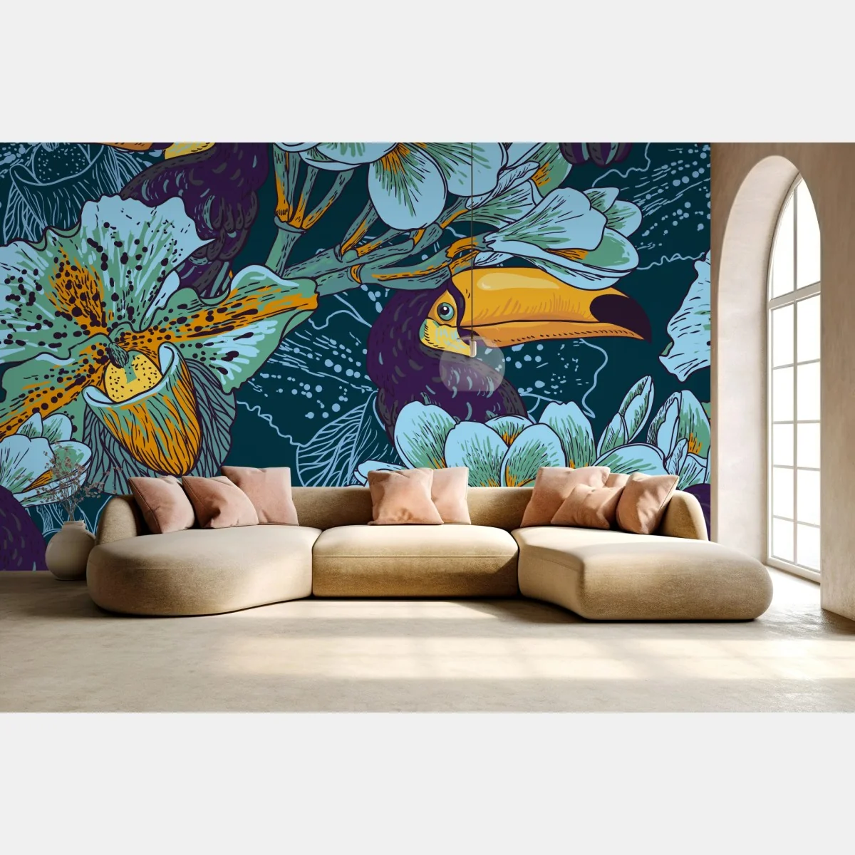 Fototapeta tropikalny wzór z tukaniami i kwiatami – Wallissimo® Fototapeta tropikalny wzór z tukaniami i kwiatami – Wallissimo®