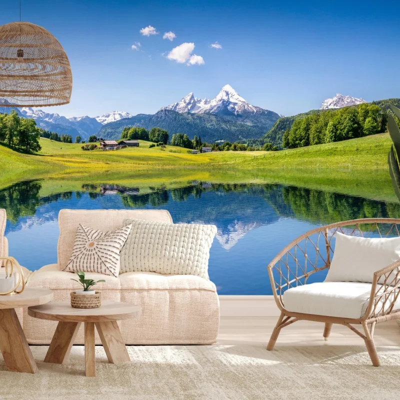 Fototapeta alpejskie szczyty odbite w spokojnym jeziorze – Wallissimo® Fototapeta alpejskie szczyty odbite w spokojnym jeziorze – Wallissimo®