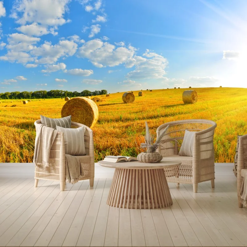 Fototapeta złote pole siana pod błękitnym niebem – Wallissimo® Fototapeta złote pole siana pod błękitnym niebem – Wallissimo®