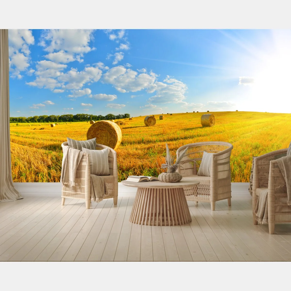 Fototapeta złote pole siana pod błękitnym niebem – Wallissimo® Fototapeta złote pole siana pod błękitnym niebem – Wallissimo®