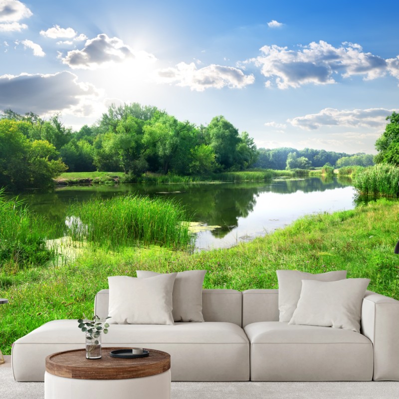 Fototapeta słoneczna łąka nad rzeką – Wallissimo® Fototapeta słoneczna łąka nad rzeką – Wallissimo®