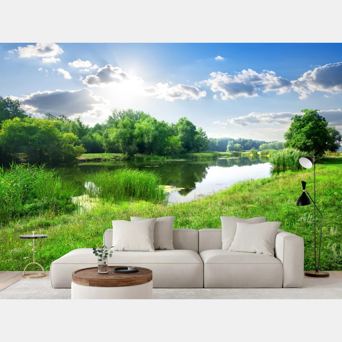 Fototapeta słoneczna łąka nad rzeką – Wallissimo® Fototapeta słoneczna łąka nad rzeką – Wallissimo®