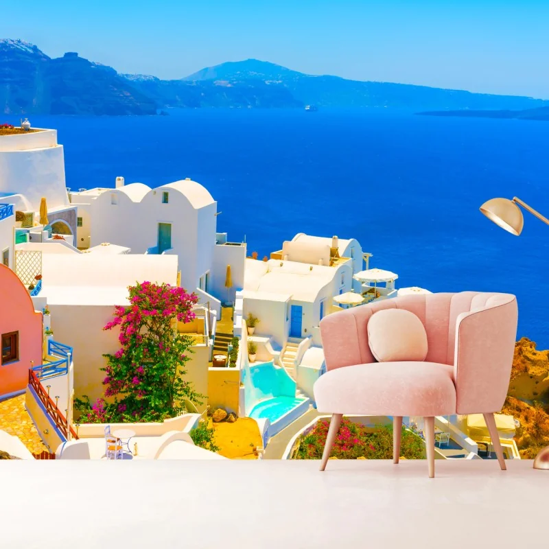 Fototapeta słoneczny widok na Santorini: białe domy i błękit morza – Wallissimo® Fototapeta słoneczny widok na Santorini: białe domy i błękit morza – Wallissimo®