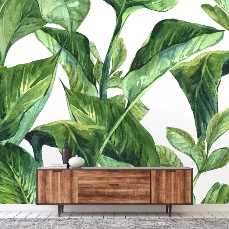 Fototapeta bujny akwarelowy wzór tropikalnych liści – Wallissimo® Fototapeta bujny akwarelowy wzór tropikalnych liści – Wallissimo®