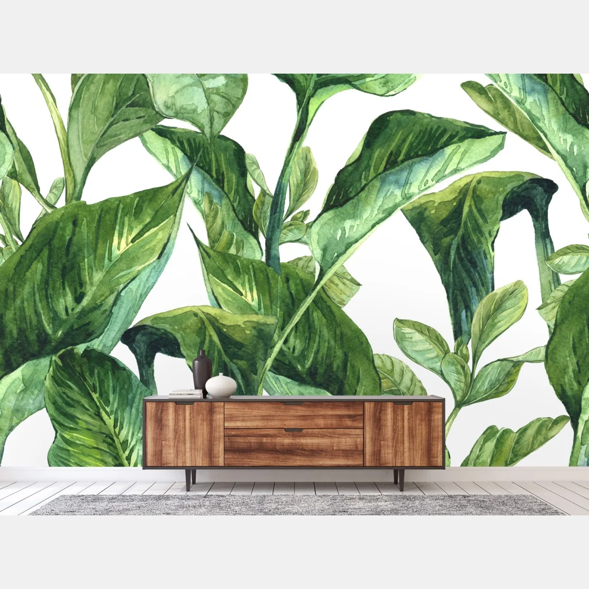 Fototapeta bujny akwarelowy wzór tropikalnych liści – Wallissimo® Fototapeta bujny akwarelowy wzór tropikalnych liści – Wallissimo®
