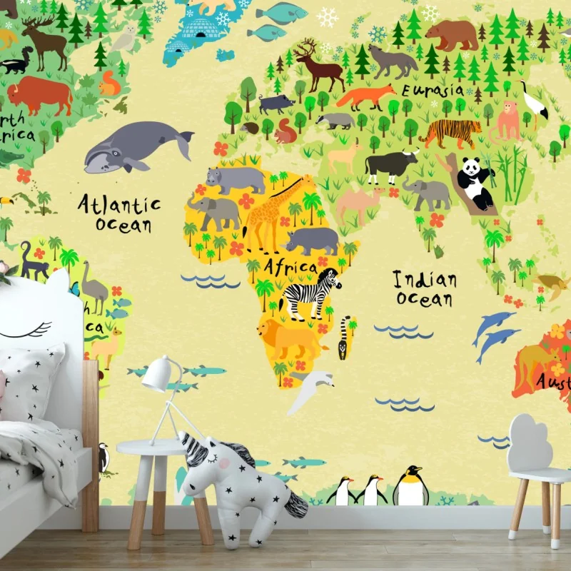 Fototapeta kolorowa mapa świata ze zwierzętami – Wallissimo® Fototapeta kolorowa mapa świata ze zwierzętami – Wallissimo®