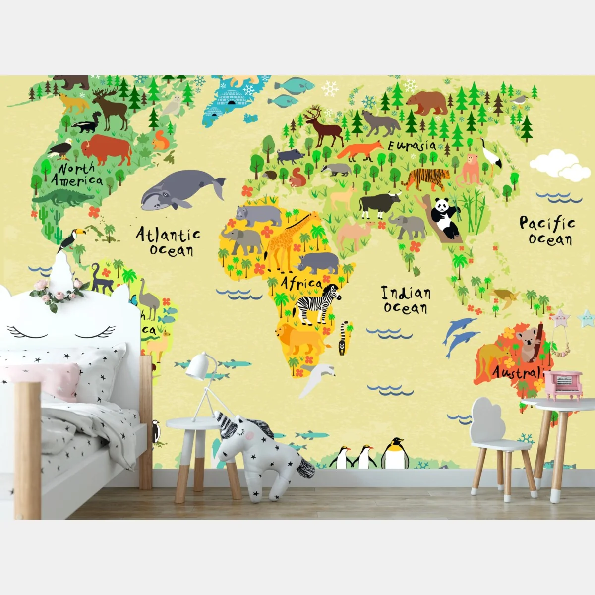 Fototapeta kolorowa mapa świata ze zwierzętami – Wallissimo® Fototapeta kolorowa mapa świata ze zwierzętami – Wallissimo®