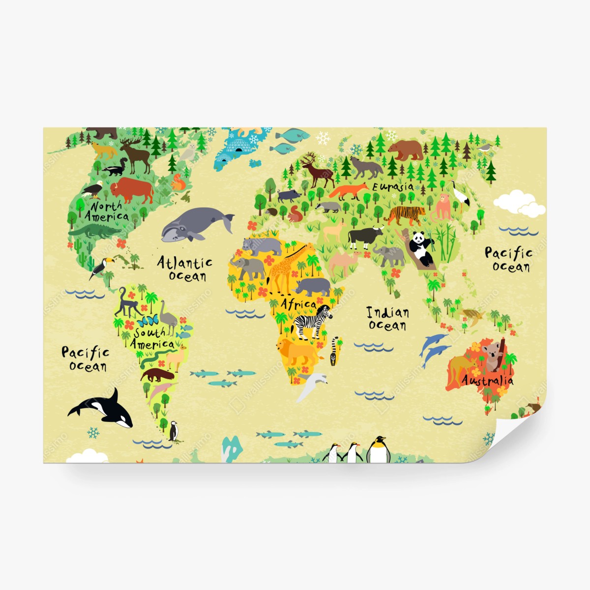 Fototapeta kolorowa mapa świata ze zwierzętami – Wallissimo® Fototapeta kolorowa mapa świata ze zwierzętami – Wallissimo®