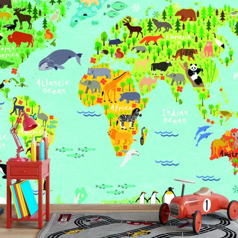 Fototapeta kolorowa mapa świata ze zwierzętami – Wallissimo® Fototapeta kolorowa mapa świata ze zwierzętami – Wallissimo®