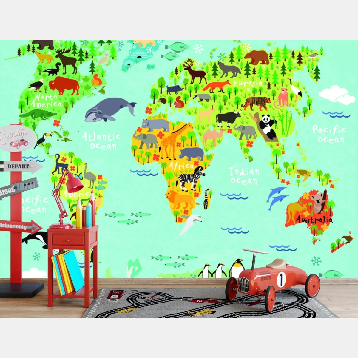 Fototapeta kolorowa mapa świata ze zwierzętami – Wallissimo® Fototapeta kolorowa mapa świata ze zwierzętami – Wallissimo®