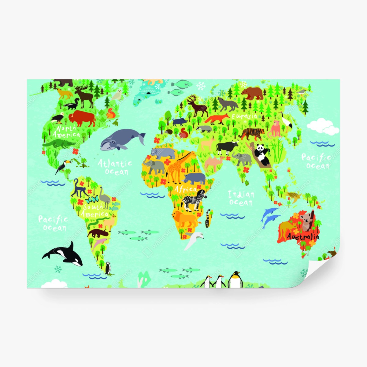 Fototapeta kolorowa mapa świata ze zwierzętami – Wallissimo® Fototapeta kolorowa mapa świata ze zwierzętami – Wallissimo®