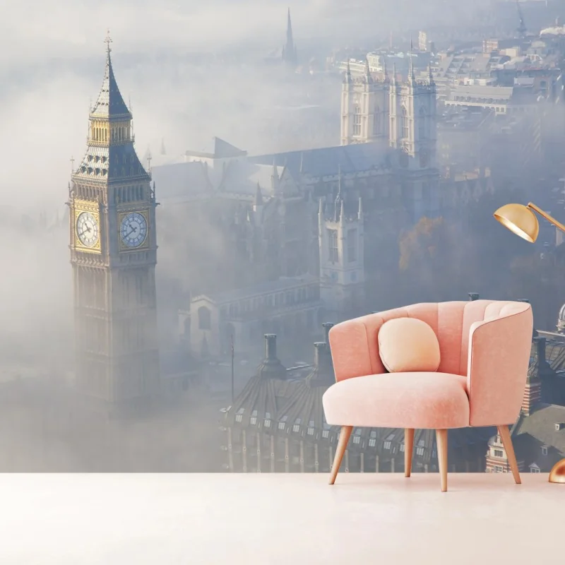 Fototapeta mglisty widok z lotu ptaka na Big Ben i Pałac Westminsterski – Wallissimo® Fototapeta mglisty widok z lotu ptaka na Big Ben i Pałac Westminsterski – Wallissimo®