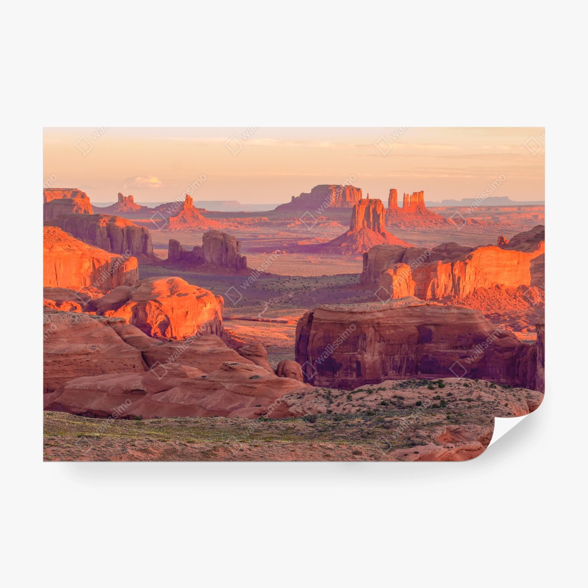 Fototapeta zachód słońca nad Monument Valley z Hunts Mesa – Wallissimo® Fototapeta zachód słońca nad Monument Valley z Hunts Mesa – Wallissimo®