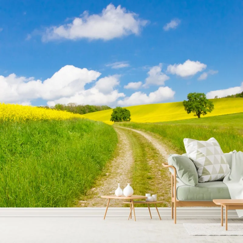 Fototapeta słoneczna wiejska droga przez żółte pola – Wallissimo® Fototapeta słoneczna wiejska droga przez żółte pola – Wallissimo®
