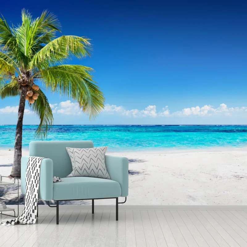 Fototapeta tropikalna palma na turkusowej plaży – Wallissimo® Fototapeta tropikalna palma na turkusowej plaży – Wallissimo®
