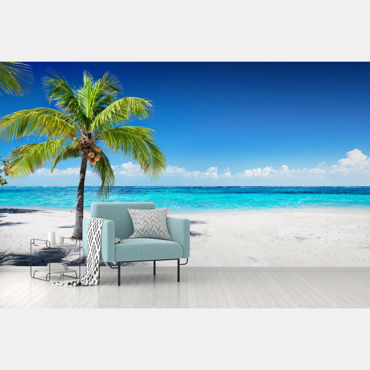 Fototapeta tropikalna palma na turkusowej plaży – Wallissimo® Fototapeta tropikalna palma na turkusowej plaży – Wallissimo®