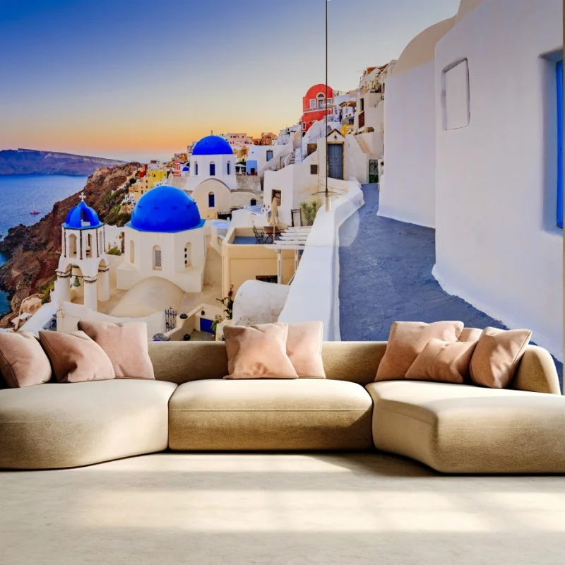 Fototapeta Santorini zachód słońca nad niebieskimi kopułami – Wallissimo®