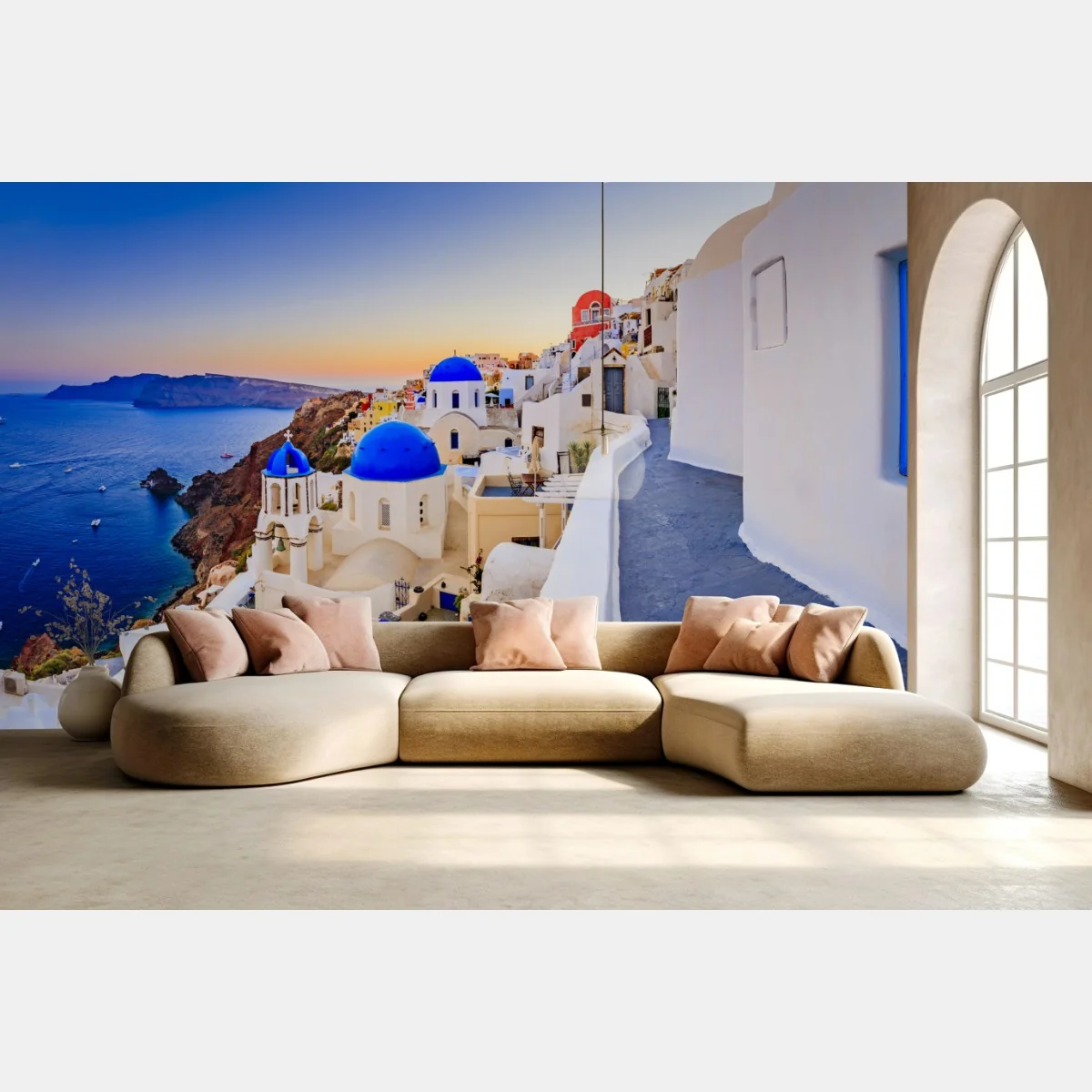 Fototapeta Santorini zachód słońca nad niebieskimi kopułami – Wallissimo®