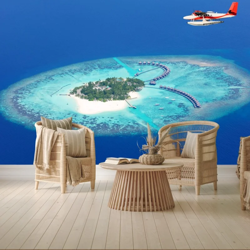 Fototapeta tropikalna wyspa z lotu ptaka i wodnosamolotem – Wallissimo® Fototapeta tropikalna wyspa z lotu ptaka i wodnosamolotem – Wallissimo®
