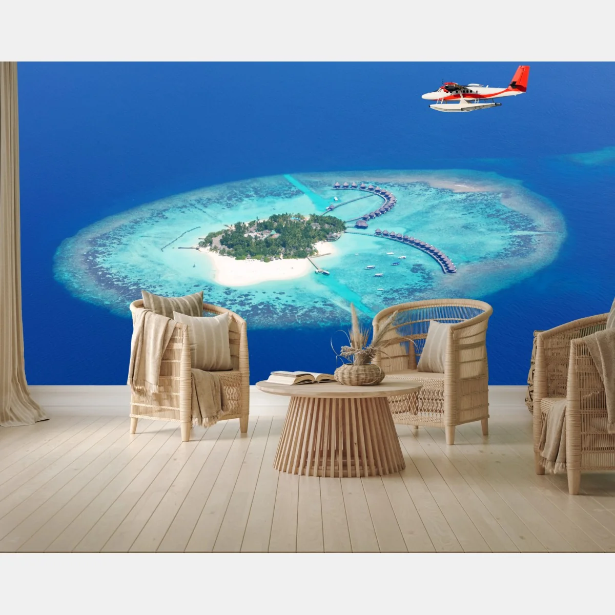 Fototapeta tropikalna wyspa z lotu ptaka i wodnosamolotem – Wallissimo® Fototapeta tropikalna wyspa z lotu ptaka i wodnosamolotem – Wallissimo®