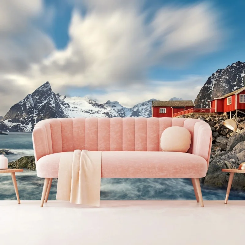 Fototapeta czerwone domki rybackie przy zaśnieżonych górach – Wallissimo® Fototapeta czerwone domki rybackie przy zaśnieżonych górach – Wallissimo®
