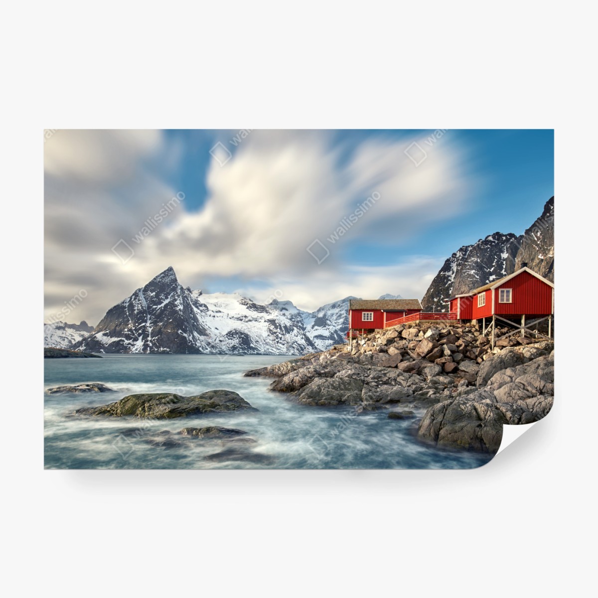 Fototapeta czerwone domki rybackie przy zaśnieżonych górach – Wallissimo® Fototapeta czerwone domki rybackie przy zaśnieżonych górach – Wallissimo®