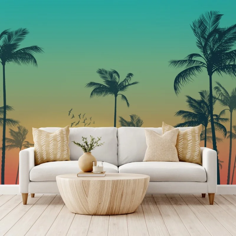 Fototapeta tropikalny zachód słońca z palmami – Wallissimo® Fototapeta tropikalny zachód słońca z palmami – Wallissimo®