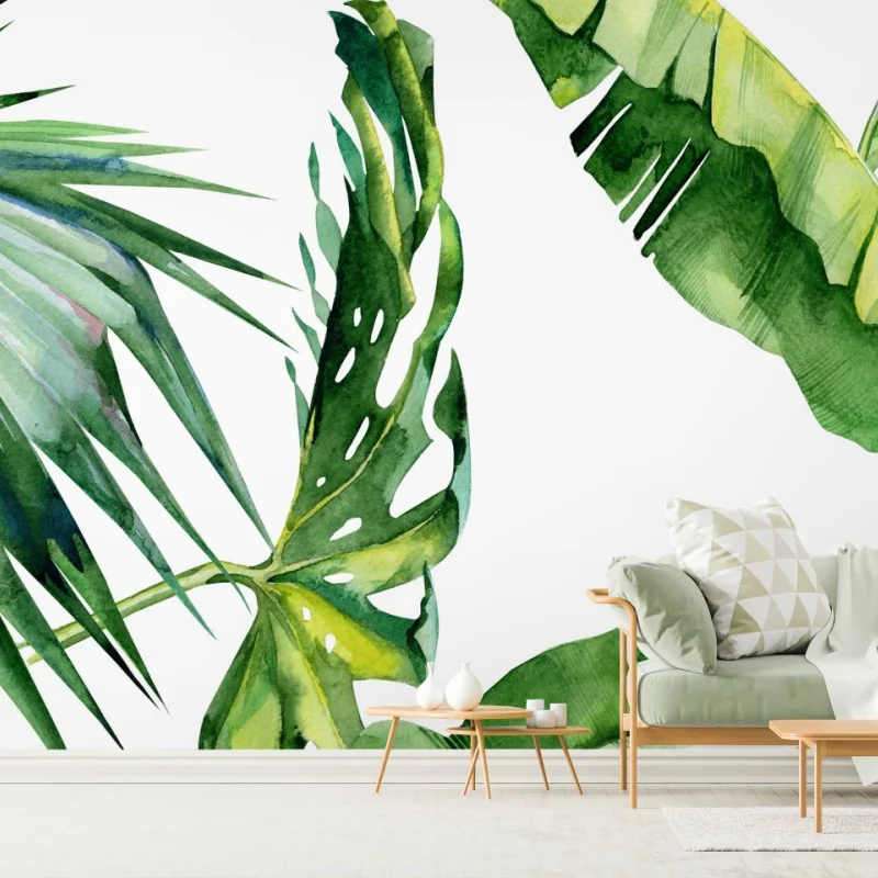 Fototapeta tropikalny akwarelowy wzór liści palmowych – Wallissimo® Fototapeta tropikalny akwarelowy wzór liści palmowych – Wallissimo®