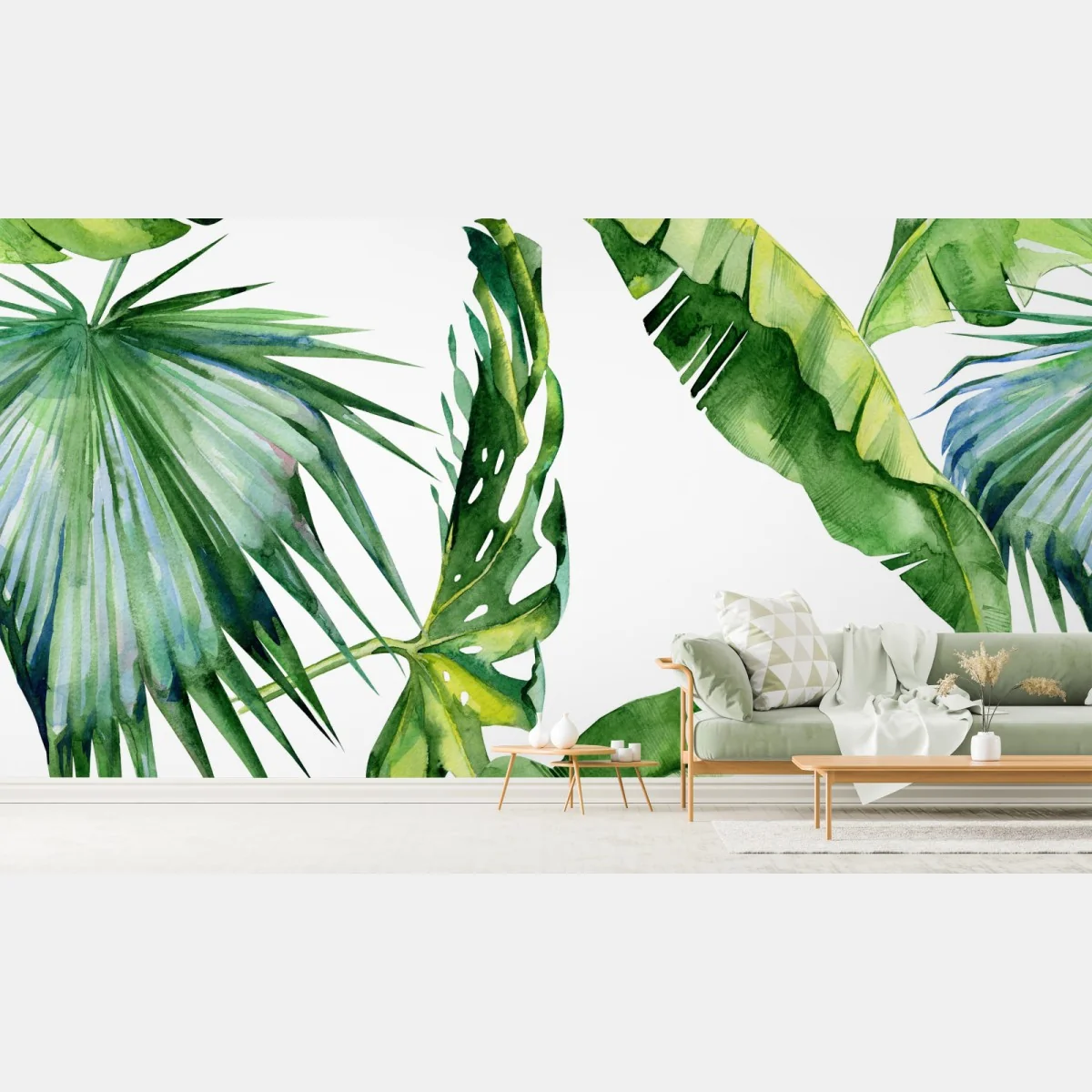 Fototapeta tropikalny akwarelowy wzór liści palmowych – Wallissimo® Fototapeta tropikalny akwarelowy wzór liści palmowych – Wallissimo®