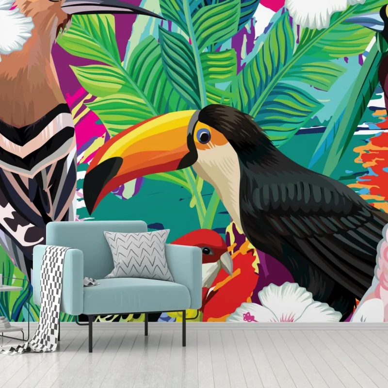 Fototapeta żywe tropikalne ptaki w dżungli – Wallissimo® Fototapeta żywe tropikalne ptaki w dżungli – Wallissimo®