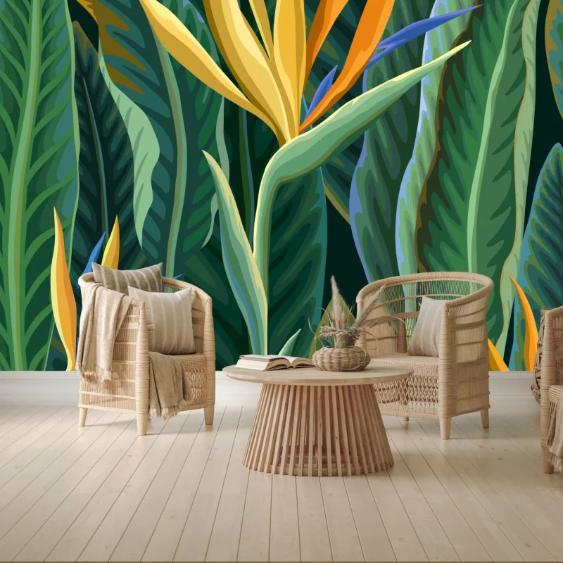 Fototapeta tropikalna ilustracja strelicji i bujnych liści – Wallissimo® Fototapeta tropikalna ilustracja strelicji i bujnych liści – Wallissimo®