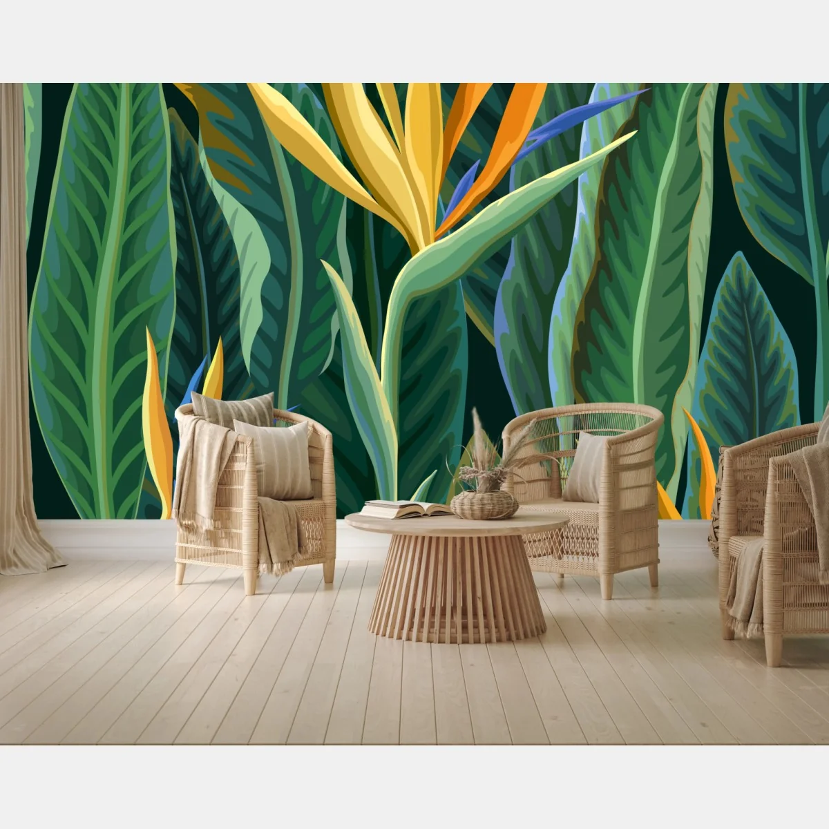 Fototapeta tropikalna ilustracja strelicji i bujnych liści – Wallissimo® Fototapeta tropikalna ilustracja strelicji i bujnych liści – Wallissimo®