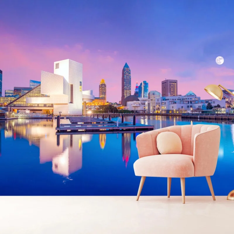 Fototapeta panorama miasta Cleveland o zmierzchu – Wallissimo® Fototapeta panorama miasta Cleveland o zmierzchu – Wallissimo®