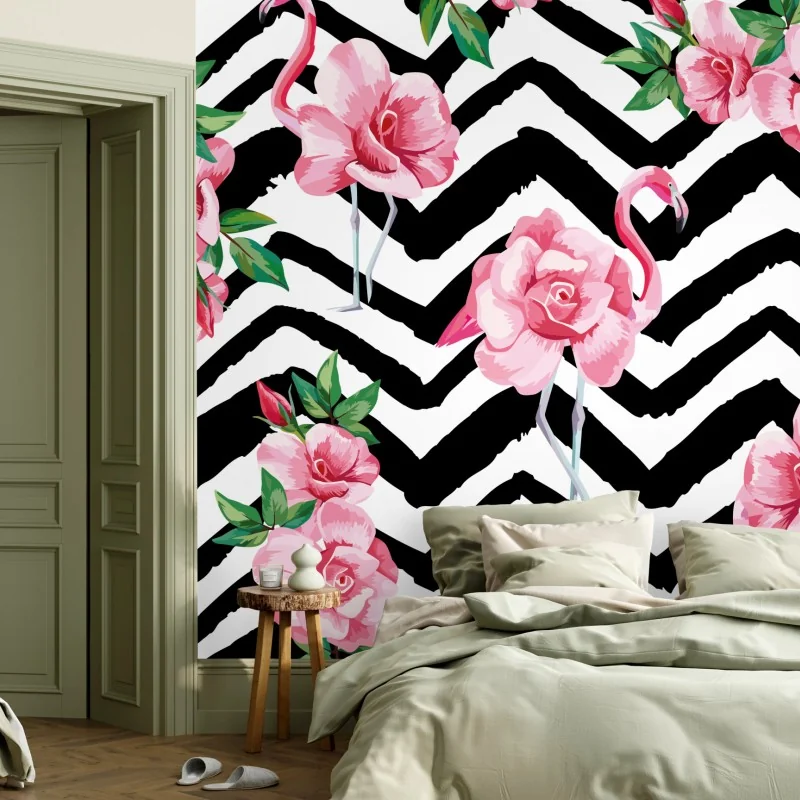 Fototapeta tropikalny wzór z różowym flamingiem i różami – Wallissimo® Fototapeta tropikalny wzór z różowym flamingiem i różami – Wallissimo®