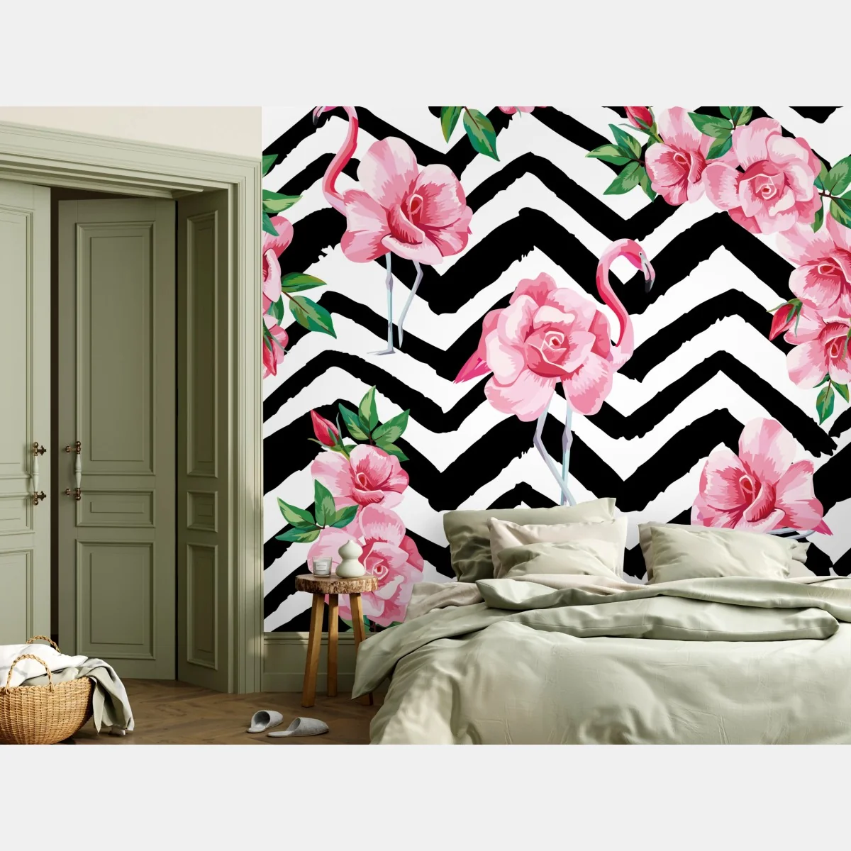 Fototapeta tropikalny wzór z różowym flamingiem i różami – Wallissimo® Fototapeta tropikalny wzór z różowym flamingiem i różami – Wallissimo®