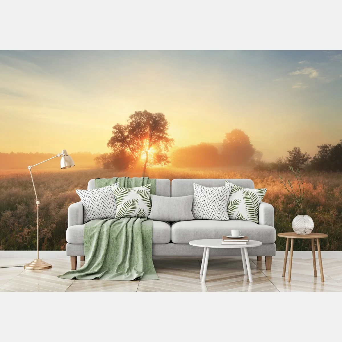 Fototapeta złoty wschód słońca nad mglistą łąką – Wallissimo® Fototapeta złoty wschód słońca nad mglistą łąką – Wallissimo®