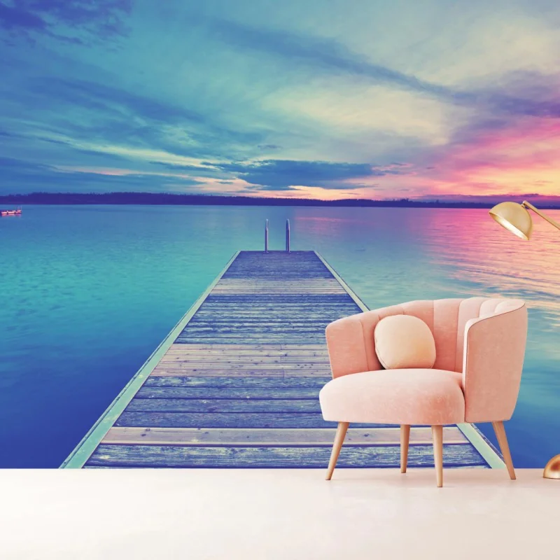 Fototapeta pastelowy pomost nad jeziorem o zachodzie słońca – Wallissimo® Fototapeta pastelowy pomost nad jeziorem o zachodzie słońca – Wallissimo®