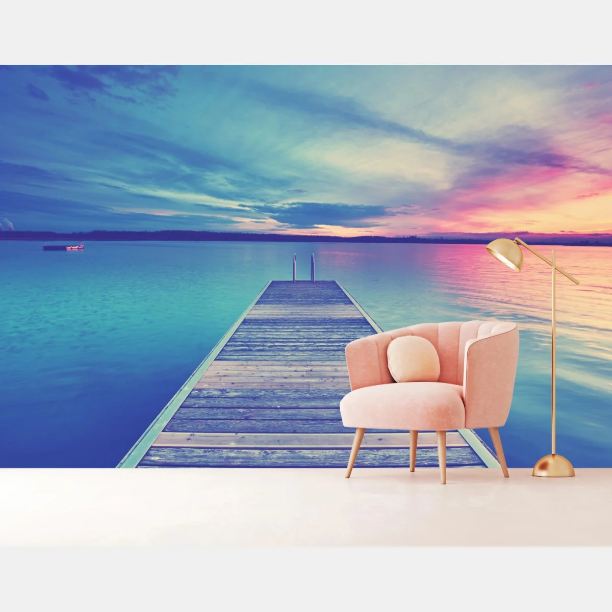 Fototapeta pastelowy pomost nad jeziorem o zachodzie słońca – Wallissimo® Fototapeta pastelowy pomost nad jeziorem o zachodzie słońca – Wallissimo®