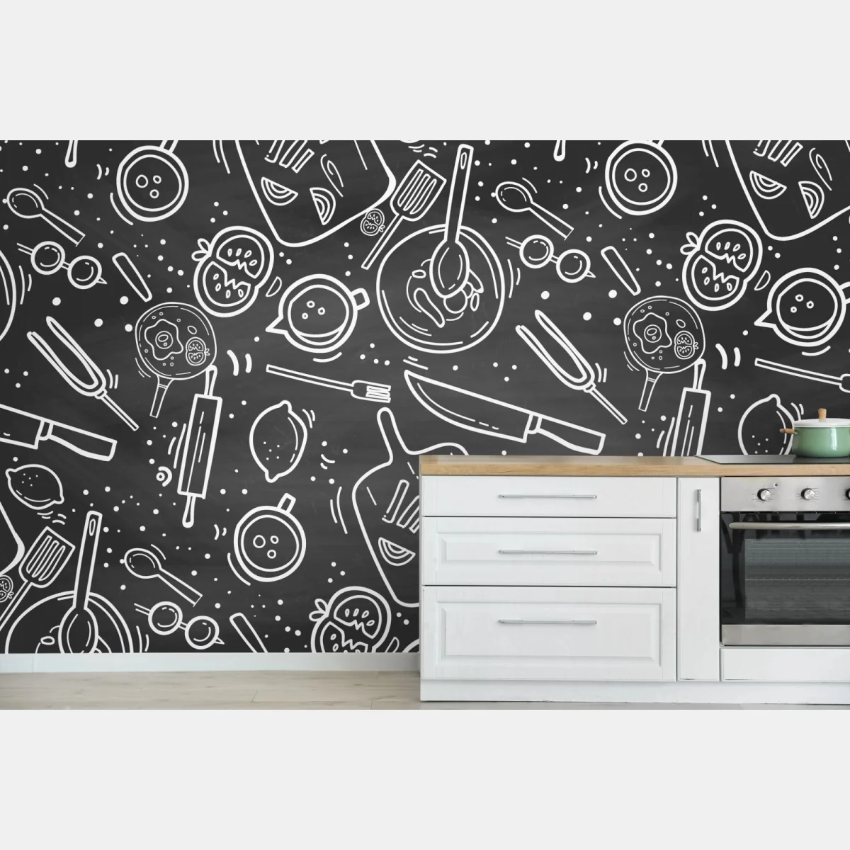 Fototapeta kuchenny wzór tablicowy z doodlami – Wallissimo® Fototapeta kuchenny wzór tablicowy z doodlami – Wallissimo®