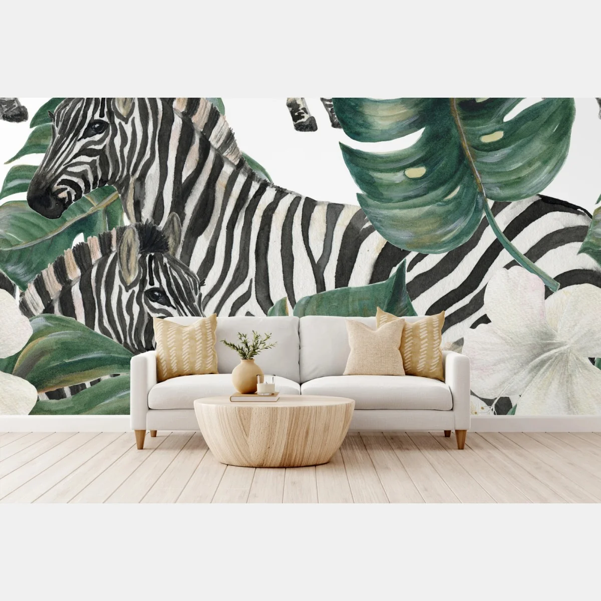 Fototapeta tropikalny wzór z zebrą i monsterą – Wallissimo® Fototapeta tropikalny wzór z zebrą i monsterą – Wallissimo®