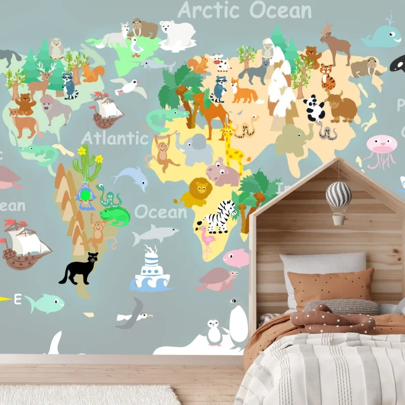 Fototapeta mapa świata ze zwierzętami – Wallissimo® Fototapeta mapa świata ze zwierzętami – Wallissimo®