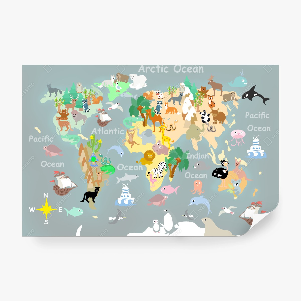 Fototapeta mapa świata ze zwierzętami – Wallissimo® Fototapeta mapa świata ze zwierzętami – Wallissimo®