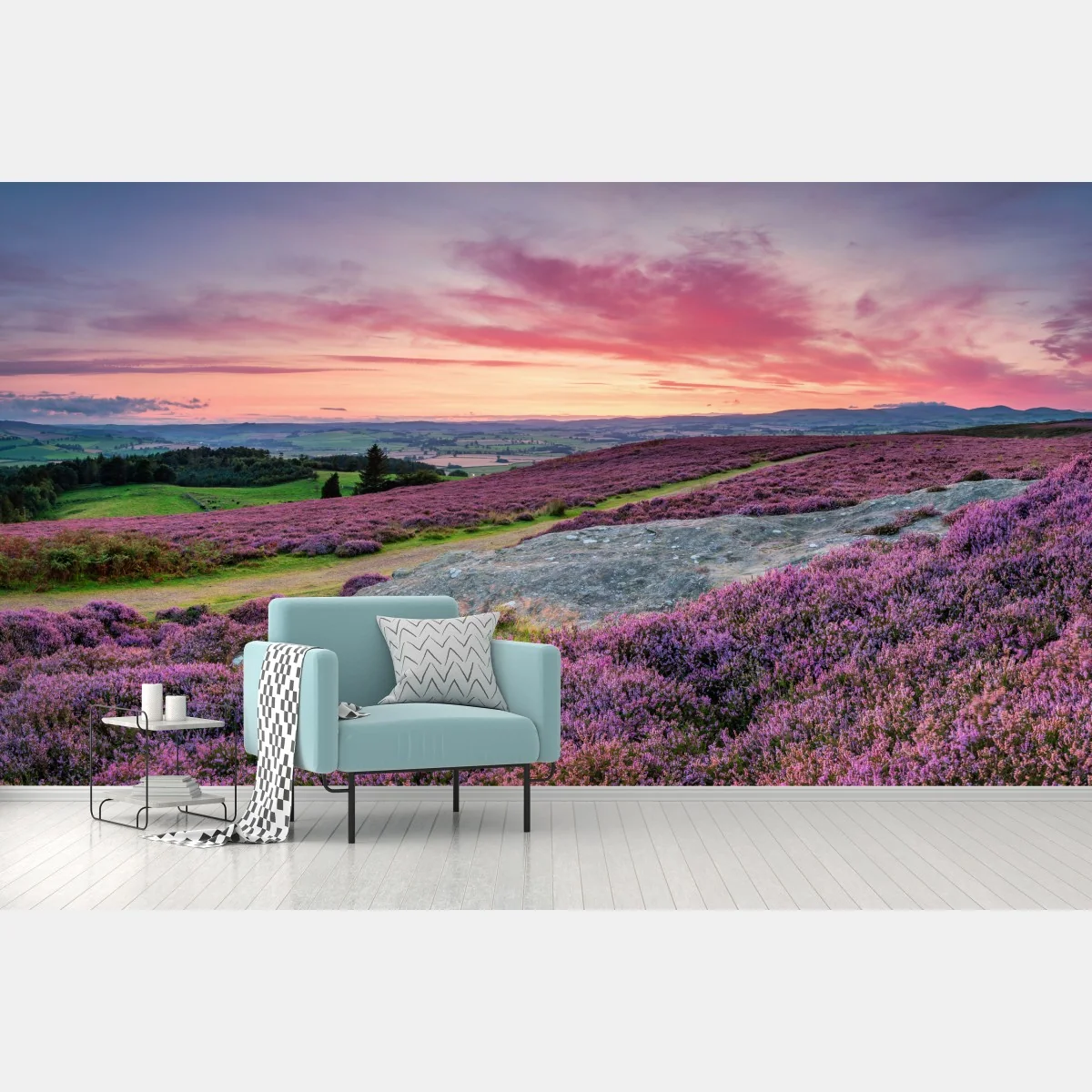 Fototapeta fioletowe wrzosowiska o zachodzie słońca – Wallissimo® Fototapeta fioletowe wrzosowiska o zachodzie słońca – Wallissimo®