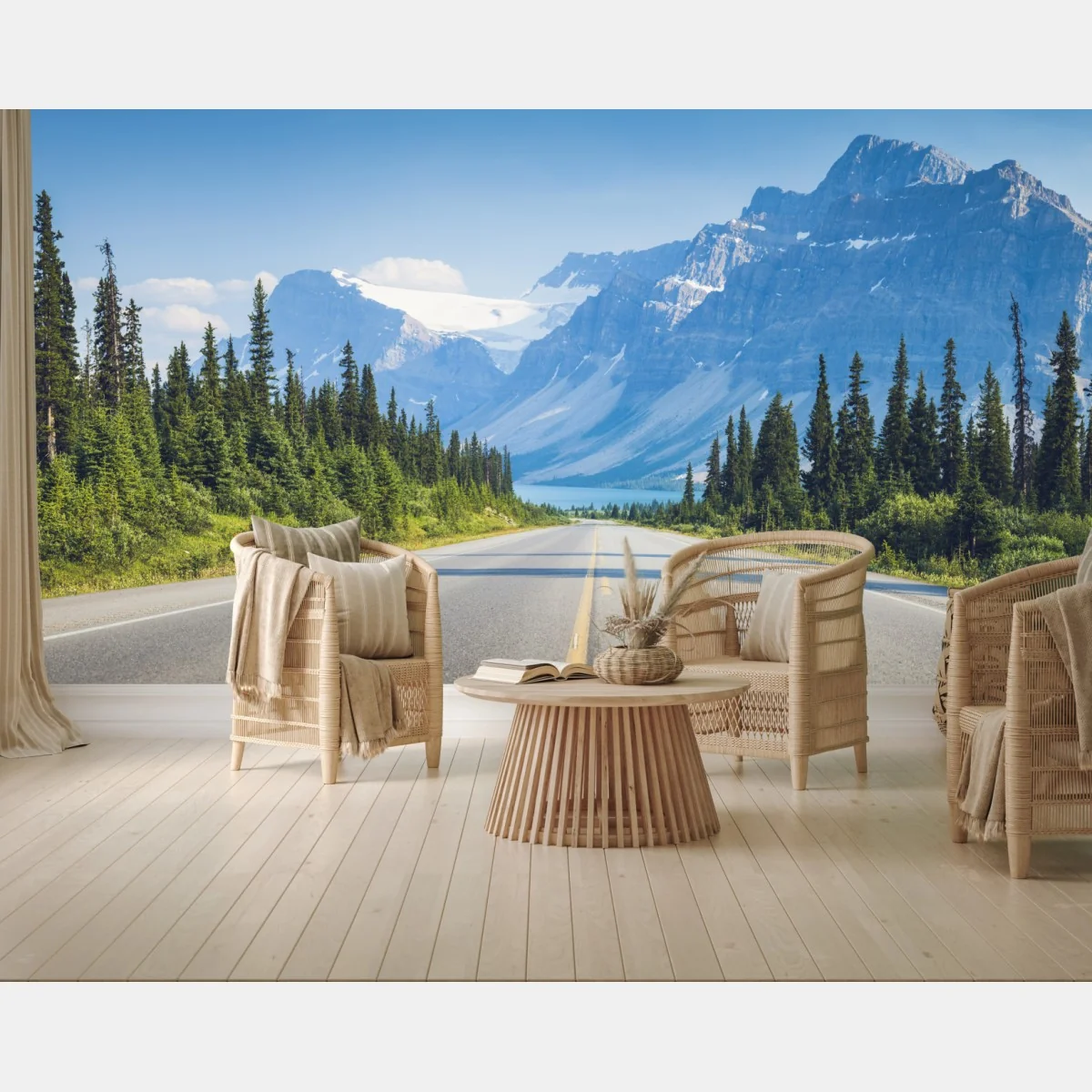 Fototapeta droga przez las iglasty do gór i lodowcowego jeziora – Wallissimo® Fototapeta droga przez las iglasty do gór i lodowcowego jeziora – Wallissimo®